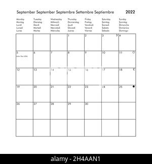Settembre calendario internazionale dell'anno 2022 con giorni festivi e festivi per il Regno Unito USA Germania Francia Italia Spagna Foto Stock