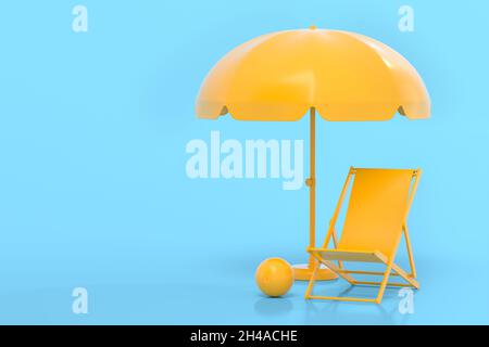 Sedia da spiaggia con ombrello e pallina da spiaggia su sfondo blu monocromatico. Foto Stock