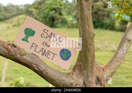 Cartoncino segno su un albero che chiama per salvare il pianeta. Prendetevi cura dell'ambiente, della terra e della nostra natura. Foto orizzontale. Foto Stock