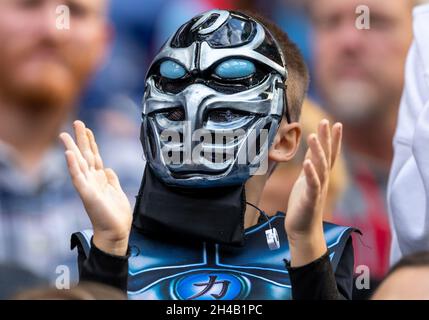 31 ottobre 2021: I fan si vestono in costumi per Halloween durante la partita di football NFL tra i Tennessee Titans e gli Indianapolis Colts al Lucas Oil Stadium di Indianapolis, Indiana. Il Tennessee sconfisse Indianapolis 34-31 in straordinari. John Mersies/CSM. Foto Stock