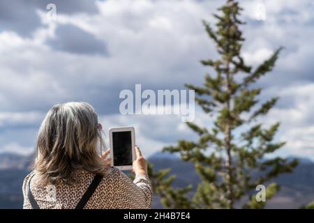 donna più anziana con capelli bianchi con occhiali che guardano il tablet nel parco Foto Stock