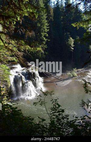 Fine estate alle Lower Lewis River Falls, un luogo di bellezza popolare per escursioni a piedi e campeggio nella Gifford Pinchot National Forest, Washington state, USA Foto Stock