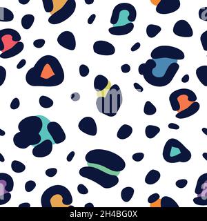 Illustrazione vettoriale con motivo senza giunture rainbow leopard. Stampe colorate e luminose su sfondo bianco Illustrazione Vettoriale