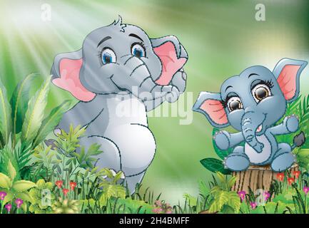 Cartoon della scena natura con elefante giocare insieme Illustrazione Vettoriale
