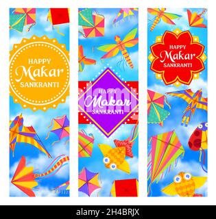 Striscioni vettoriali indiani Makar Sankranti per le vacanze con aquiloni di cartoni animati in cielo blu. Religione indù vacanza o festival colorato carta vento giocattoli in forma di Illustrazione Vettoriale
