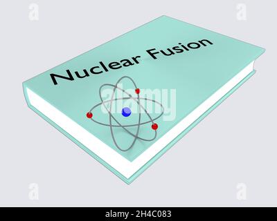 Illustrazione in 3D di un atomo su un libro con titolo Nuclear Fusion, isolato su un gradiente blu chiaro. Foto Stock
