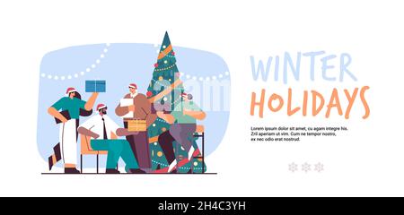 la gente in cappelli di santa che tiene i businesspeople dei regali che celebrano la festa corporativa nuovo anno festeggiamenti di natale Illustrazione Vettoriale