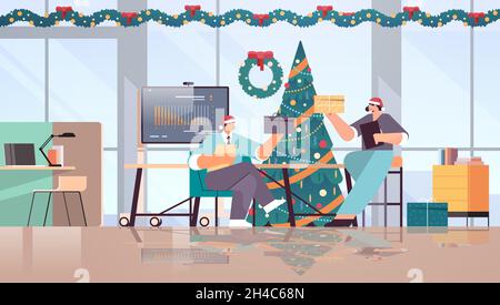 uomini d'affari in babbo natale cappelli in possesso di regali uomini d'affari celebrare festa aziendale capodanno natale festa festiva Illustrazione Vettoriale