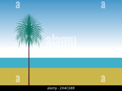 Silhouette di una palma su una spiaggia in stile metafisico. Sfondo vettoriale retrospettiva e illustrazione. Modello astratto di design per brochure, volantini, Illustrazione Vettoriale