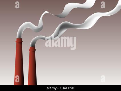 Cambiamenti climatici. Smokestacks di una fabbrica con fumo inquinante l'ambiente. Sfondo metafisico. Illustrazione del vettore retrospettiva. Design astratto tem Illustrazione Vettoriale