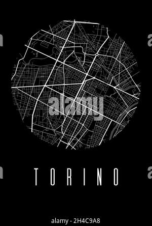 Cartografia Torino poster nero vettoriale. Vista circolare circolare, mappa stradale dell'illustrazione della città di Torino. Paesaggio urbano area panorama silhouette vista aerea, tipografia Illustrazione Vettoriale