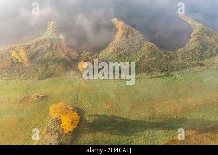 Veduta aerea del fiume Elba vicino a Lenzen, nebbia mattutina in autunno, Germania Foto Stock
