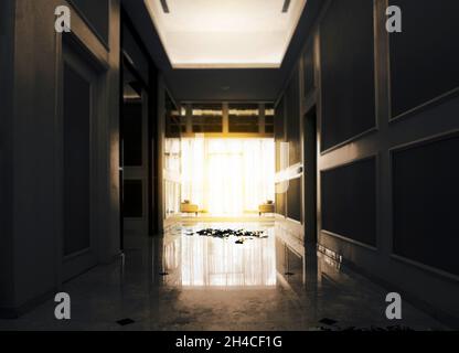 Corridoio vuoto all'interno della sala d'ingresso della casa con sfondo drammatico Foto Stock