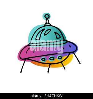 Adesivo per barbatella Bright Space. Piatto Flying disegnato a mano isolato su sfondo bianco. Sfumatura arancione, neon blu oggetto astronomico. UFO, Spacesh Illustrazione Vettoriale