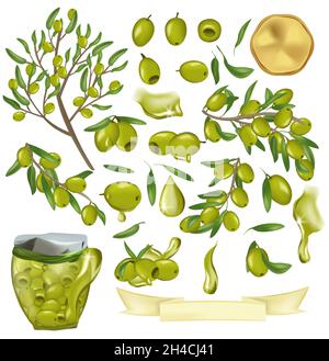 Grande Collezione con olive verdi, vaso di vetro con olive, rami con olive e foglie, olio di gocce, olivo di albero. Icone vettoriali per il vostro disegno. Illustrazione vettoriale. Illustrazione Vettoriale