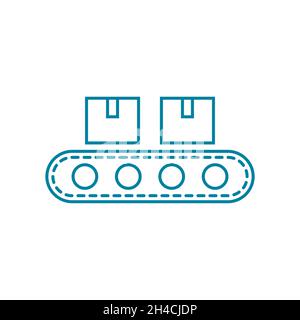 Icona della linea di assemblaggio. Nastro trasportatore con due scatole su sfondo bianco. Linea di produzione. Concetto di automazione. Industria 4.0. Imballaggio del prodotto in fabbrica. Illustrazione Vettoriale