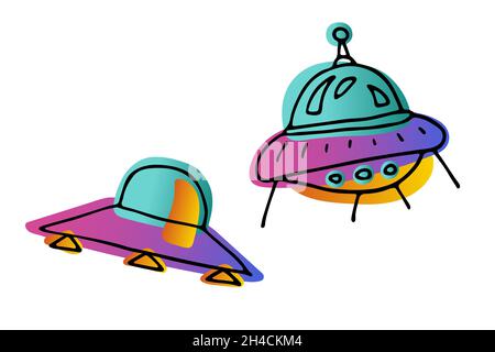 Set di adesivi per barbatella Bright Space. Dischi volanti isolati su sfondo bianco. Sfumatura rosa, arancione, blu neon colore oggetti astronomici. UFO, spazi Illustrazione Vettoriale