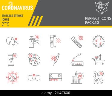 Set icone linea coronavirus, collezione covid-19, grafica vettoriale, illustrazioni logo, icone vettoriali coronavirus, 2019-ncov segni, pittogrammi di contorno, tratto modificabile Illustrazione Vettoriale