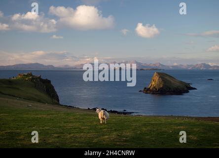 L'isola di Tulm, la baia di Duntulm e le rovine del castello sull'isola di Skye, Scozia Foto Stock