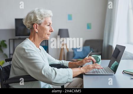 Vista laterale ritratto di donna anziana con capelli bianchi in sedia a rotelle utilizzando il portatile a casa, spazio copia Foto Stock