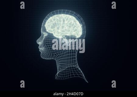 Design della testa wireframe con tecnologia Brain e futuristica. Sfondo 3D con intelligenza artificiale per testa e cervello Foto Stock