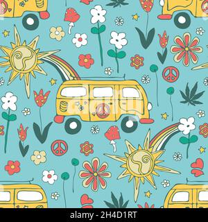 Pattern vettoriale senza cuciture con furgone hippy su sfondo blu. Vintage estate carta da parati floreale design. Tessuto moda retrò funky. Illustrazione Vettoriale