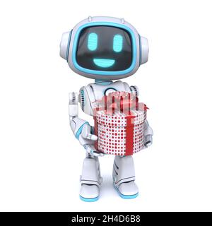 Robot blu carino che dà la scatola di git 3D rendering illustrazione isolato su sfondo bianco Foto Stock