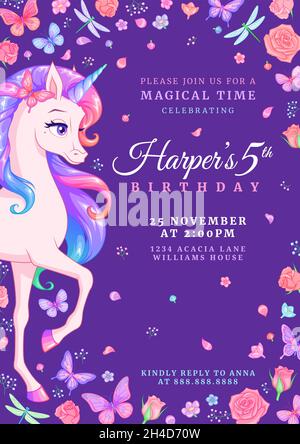 Unicorn party modello di invito al compleanno con farfalle e fiori. Illustrazione vettoriale su sfondo scuro. Illustrazione Vettoriale