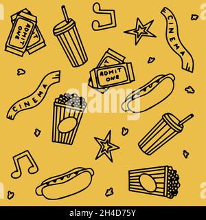 Sequenza perfetta con icone di film, film, serie e film, divertente Doodle Vector. Illustrazione colorata disegnata a mano. Imposta per podcast, premi e. Illustrazione Vettoriale