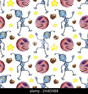 Pittura acquerello di robot carini. Vecchio robot ripper. Dispositivi meccanici e stelle ripetitivi senza giunture, i pianeti stampano. Illustrazione per childr Foto Stock