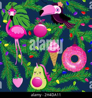 Carino natale nel modello di luglio - adorabile fenicottero, ciambella, avocado caratteri. Set di noodle disegnate a mano per bambini. Buono per tessuti, vivaio, carta da parati, Illustrazione Vettoriale