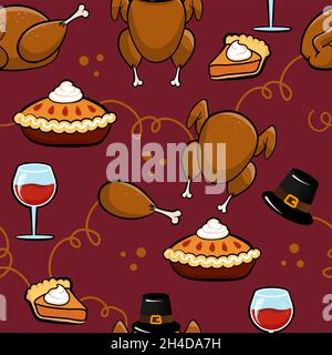 Funny Thanksgiving Dinner pattern - cartone animato a mano arrosto tacchino, pellegrino e vino modello. Illustrazioni vettoriali di un tavolo festivo con una torta, p Illustrazione Vettoriale