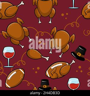 Funny Thanksgiving Dinner pattern - cartone animato a mano arrosto tacchino, pellegrino e vino modello. Carta stagione calcistica americana, sfondo. Illustrazione Vettoriale
