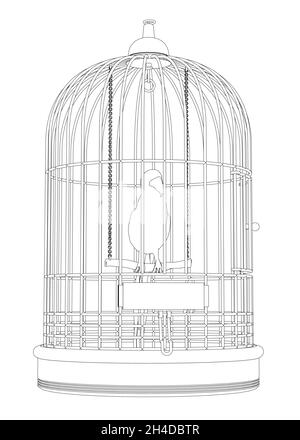 Contorno di un pappagallo in una gabbia di linee nere isolate su sfondo bianco. Vista frontale. Illustrazione vettoriale Illustrazione Vettoriale