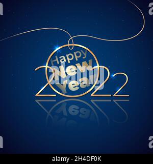 Anno nuovo 2022. Biglietto di auguri per le festività. Lucido dorato 2022 su sfondo blu scuro. Design di Capodanno per inviti, calendario, biglietti di auguri. Oro lucido Illustrazione Vettoriale