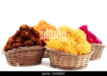 Fiori di Marigold giallo in cesto di bambù chiamato Puja Phool Ki Tokri o Dalia per la decorazione e l'offerta a Dio indù durante i festival VZ. Shubh profondo Foto Stock