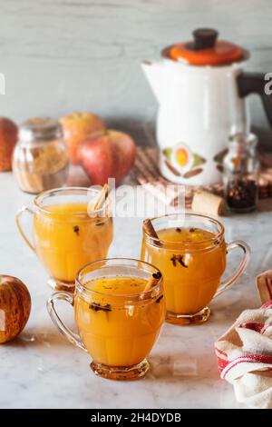 Sidro di mele con VIN brulé speziato caldo in bicchieri con bastoncini di cannella e altre spezie in background su Marble Counter Foto Stock