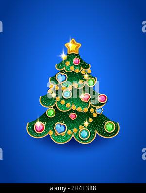 Albero di Natale a forma di un giocattolo albero di Natale decorato con pietre preziose, illustrazione vettoriale Illustrazione Vettoriale