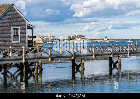 Case di Cape Cod sul molo nel porto di Nantucket, Massachusetts Foto Stock