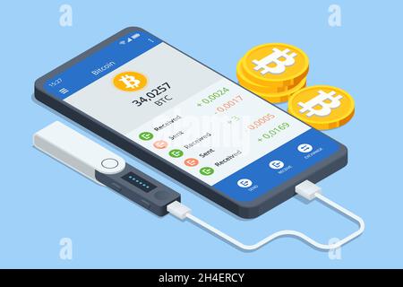 Tecnologia isometrica Digital Wallet per bitcoin a criptovaluta. Applicazione portafoglio digitale sul cellulare Illustrazione Vettoriale