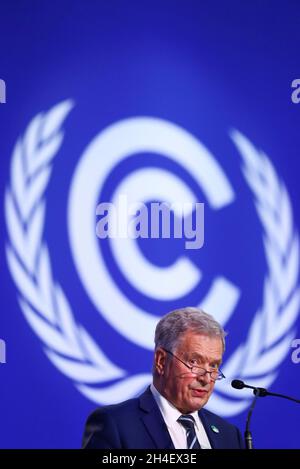 Il presidente finlandese Sauli Niinisto interviene durante il vertice del Cop26 a Glasgow. Data foto: Martedì 2 novembre 2021. Foto Stock