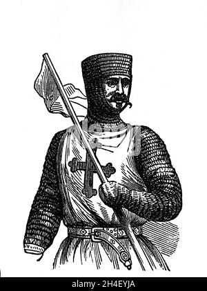 Cavaliere di Tempio con il suo mantello bianco con una croce rossa. 12 ° secolo. Incisione. Foto Stock