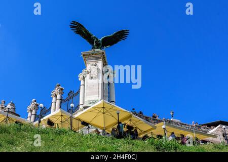 Budapest, Ungheria, 9 agosto 2019: Una statua di bronzo di un turul (un uccello mitico o aquila) al Castello di Buda che è la più grande statua di uccello in Europa Foto Stock