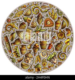 Variopinto set vettoriale disegnato a mano di oggetti, simboli e oggetti cartoni animati africani. Composizione rotonda Illustrazione Vettoriale