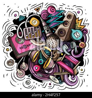 Illustrazione dei fumetti di contenuti audio. Sfondo vettoriale divertente e creativo. Podcast, audiolibri, simboli radio, elementi e oggetti. Comp. Colorata Illustrazione Vettoriale