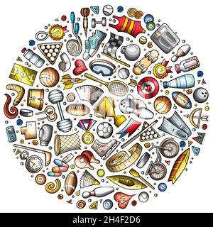 Colorato vettore disegnata a mano insieme di oggetti, simboli e oggetti di doodle cartoni animati Sport. Composizione rotonda Illustrazione Vettoriale