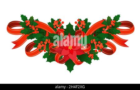 Ghirlanda natalizia con ornamenti di nastri di raso rosso, fiore di poinsettia, bacche isolate su bianco. Vettore natale decorazione tradizionale ele Illustrazione Vettoriale