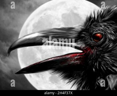 Raven con occhio rosso sotto un cielo nero illuminato da una luna piena. Impostazione gotica. Foto Stock