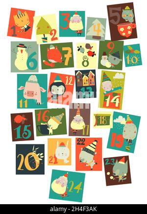 Calendario dell'Avvento con decorazione natalizia e personaggi Illustrazione Vettoriale