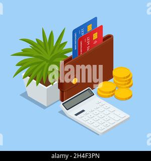 Pagamento isometrico online, portafoglio digitale e-transfer, denaro online, pagamenti mobili per pagina web, banner, presentazione, social media, documenti, schede Illustrazione Vettoriale